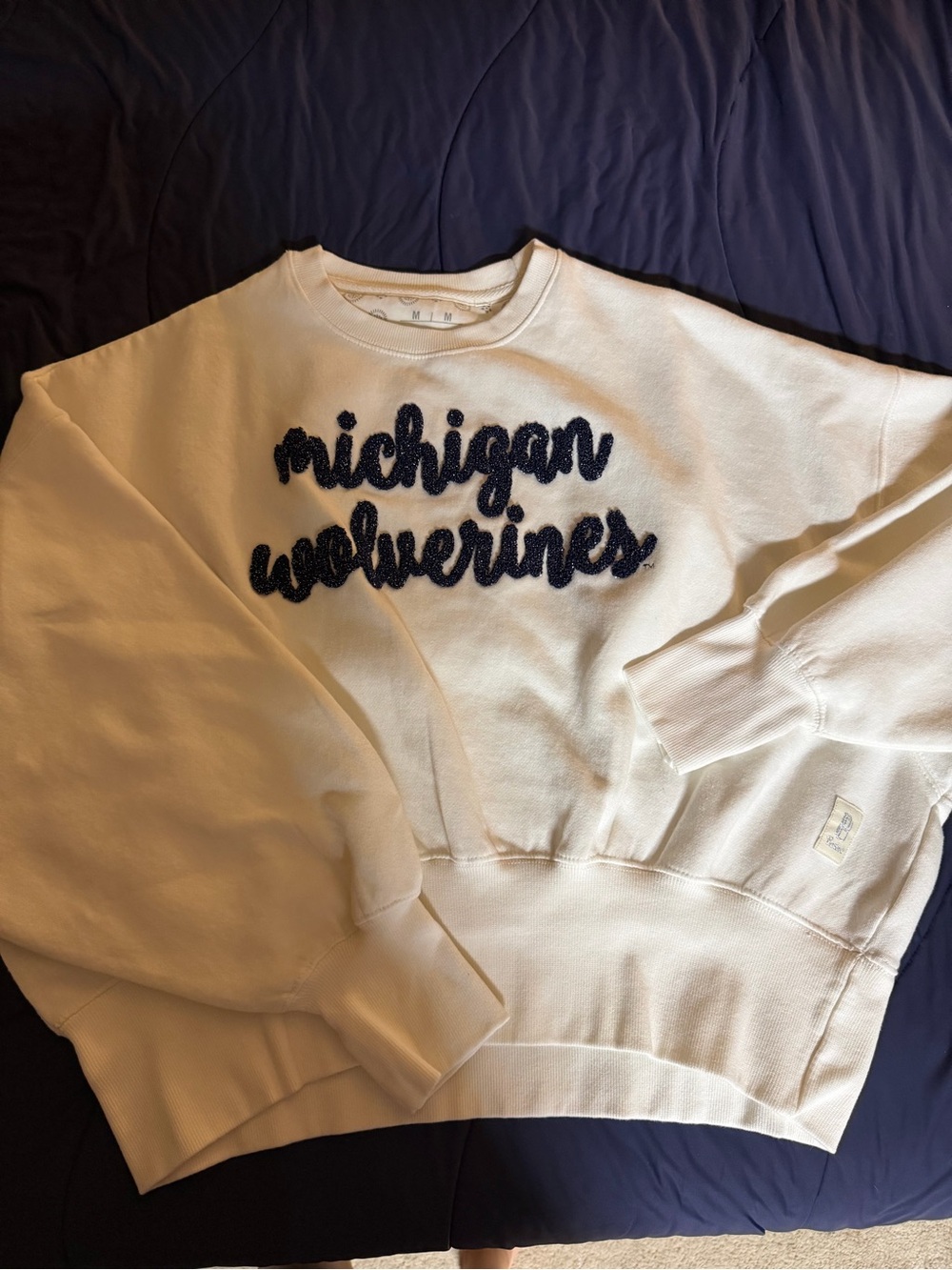 Pressbox Cream Sweatshirt with Navy Chenille Script